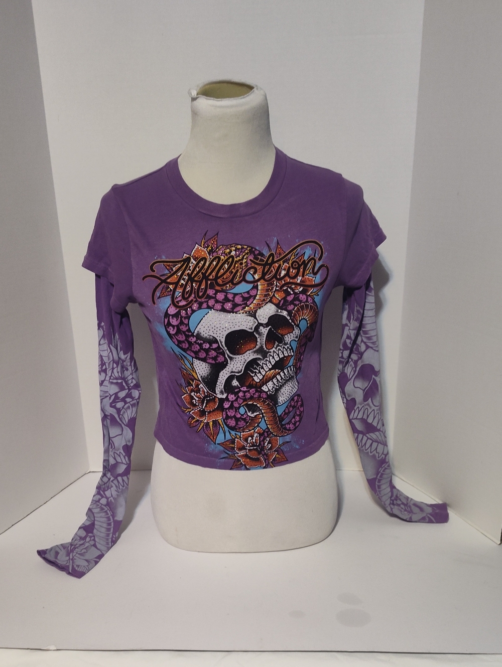 Affliction Purple Long-Sleeve Graphic Crop Top with Skull & Snake